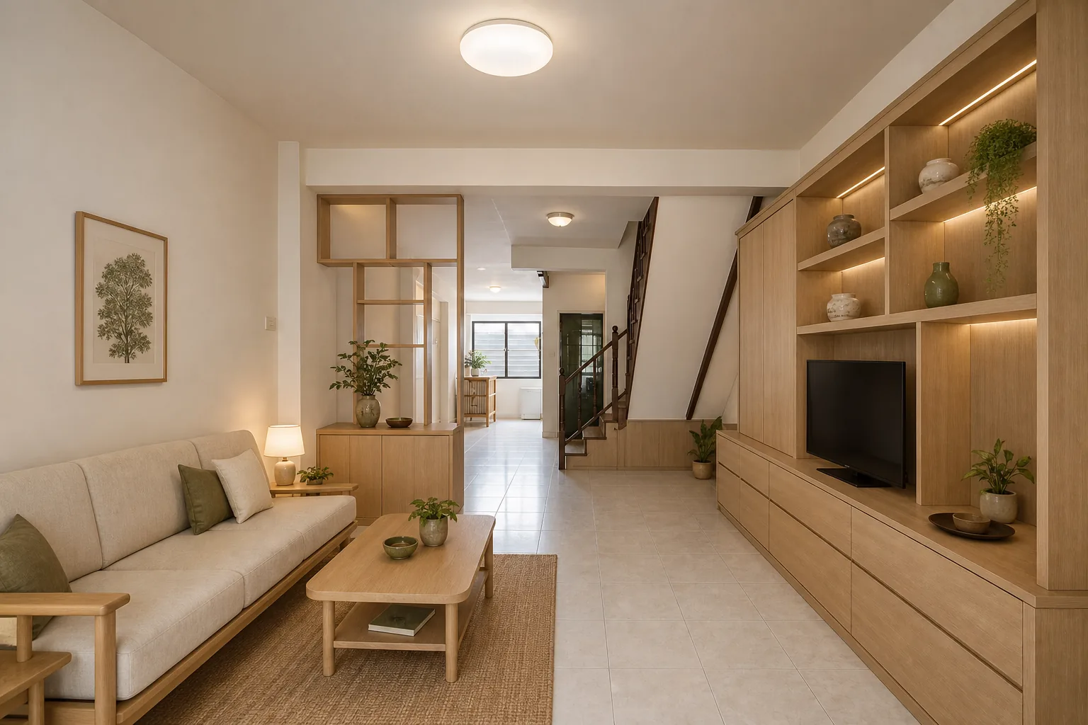 ห้องนั่งเล่นหลังรีโนเวตที่สว่างและมีพื้นที่จัดเก็บเป็นระเบียบ