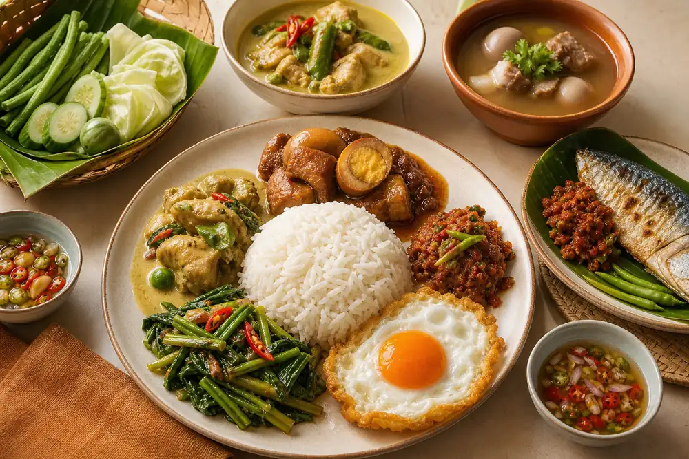 ข้าวราดแกงและกับข้าวไทยหลายอย่างบนโต๊ะอาหารอุ่น ๆ